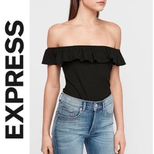 Express Rib Ruffle Thong Off On Shoulder Bodysuit